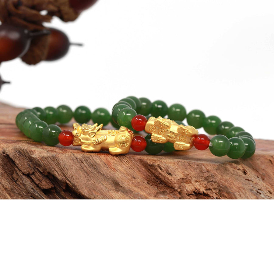 Baikalla Jewelry jade beads bracelet 24K Pure Yellow Gold PiXiu With Genuine Green Jade Round Beads Bracelet Bangle ( 8 mm )