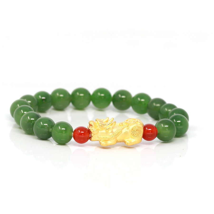 Baikalla Jewelry jade beads bracelet 6 inches / Pixiu S 24K Pure Yellow Gold PiXiu With Genuine Green Jade Round Beads Bracelet Bangle ( 8 mm )