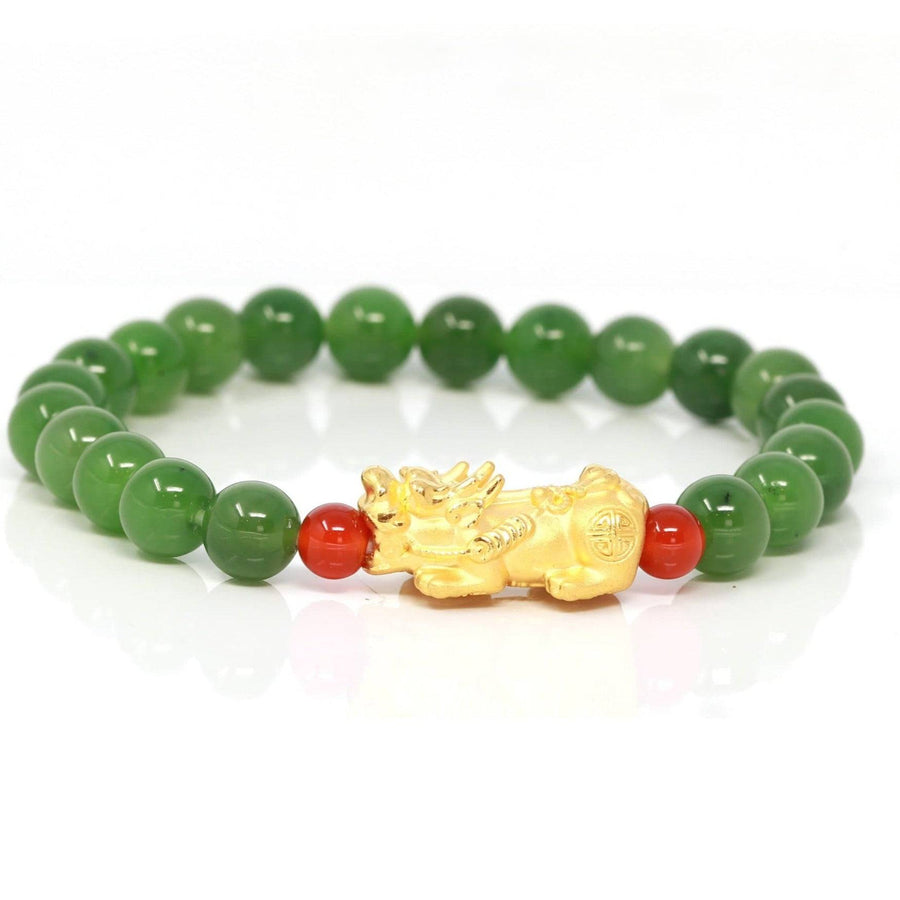 Baikalla Jewelry jade beads bracelet 6 inches / Pixiu L 24K Pure Yellow Gold PiXiu With Genuine Green Jade Round Beads Bracelet Bangle ( 8 mm )