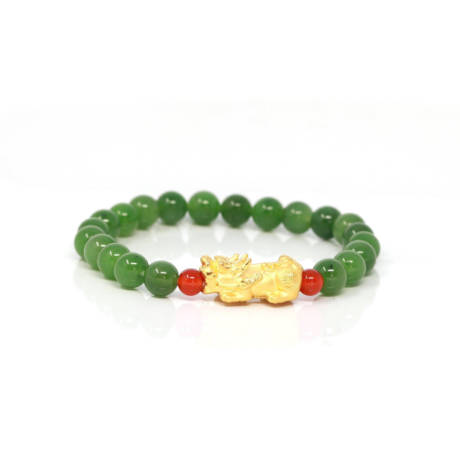 Baikalla Jewelry jade beads bracelet 24K Pure Yellow Gold PiXiu With Genuine Green Jade Round Beads Bracelet Bangle ( 8 mm )