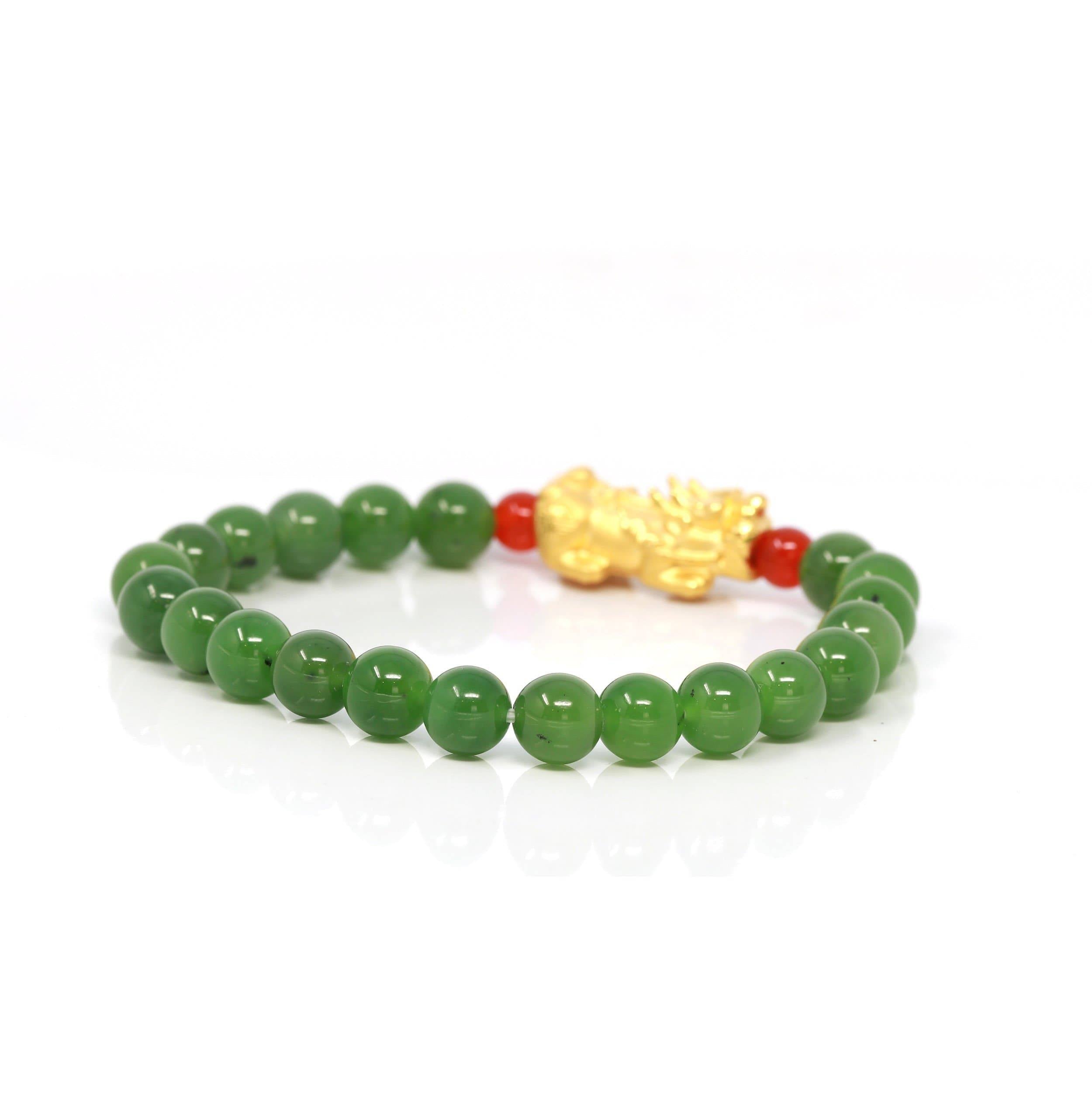 Real Green Jade Beads Bracelet Bangle | Real Jade & Yellow Gold