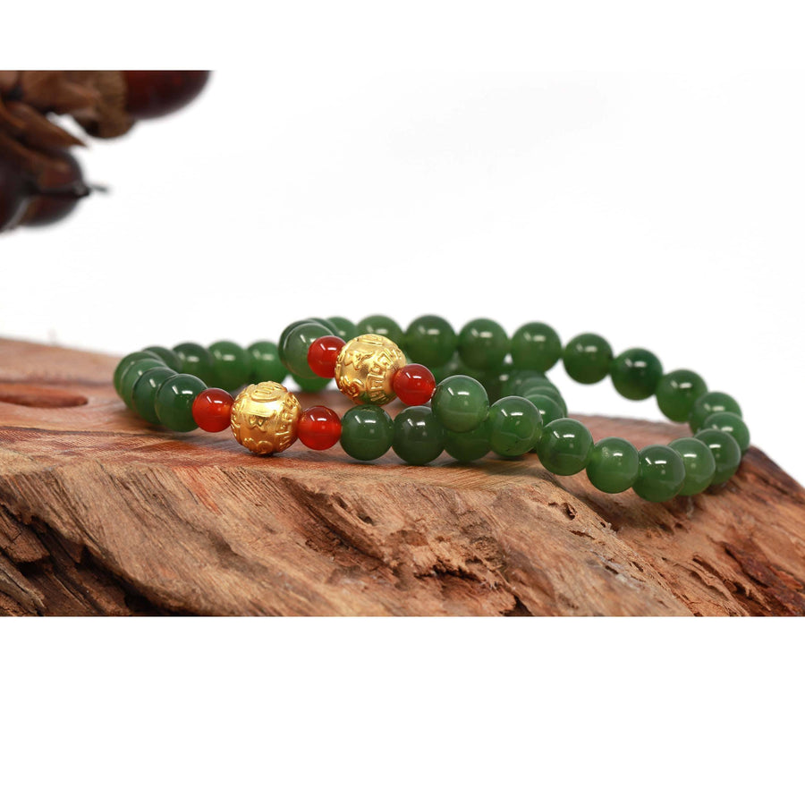 Baikalla Jewelry jade beads bracelet 24K Pure Yellow Gold Buddha Symbol With Genuine Green Jade Round Beads Bracelet Bangle ( 8 mm )