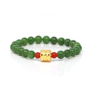 Baikalla Jewelry jade beads bracelet 6.5 inches 24K Pure Yellow Gold Buddha Symbol Tongtong With Genuine Green Jade Round Beads Bracelet Bangle ( 8 mm )