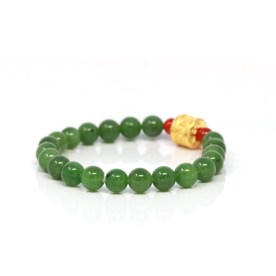 Baikalla Jewelry jade beads bracelet 24K Pure Yellow Gold Buddha Symbol Tongtong With Genuine Green Jade Round Beads Bracelet Bangle ( 8 mm )
