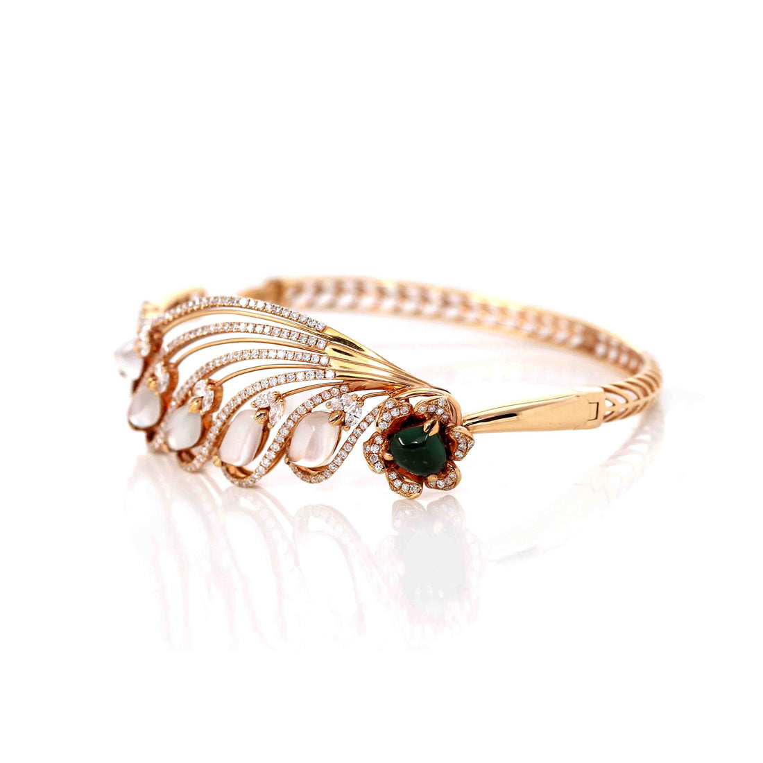 Baikalla Jewelry Gold Jade Bracelet 18k Rose Gold Ice Jadeite Jade Phoenix Bracelet Bangle & Diamonds (High Jewelry)