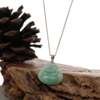 Baikalla Jewelry Gold Jade Buddha "Laughing Buddha" 14k Gold Genuine Green Jadeite Jade with VS1 Diamonds Bail