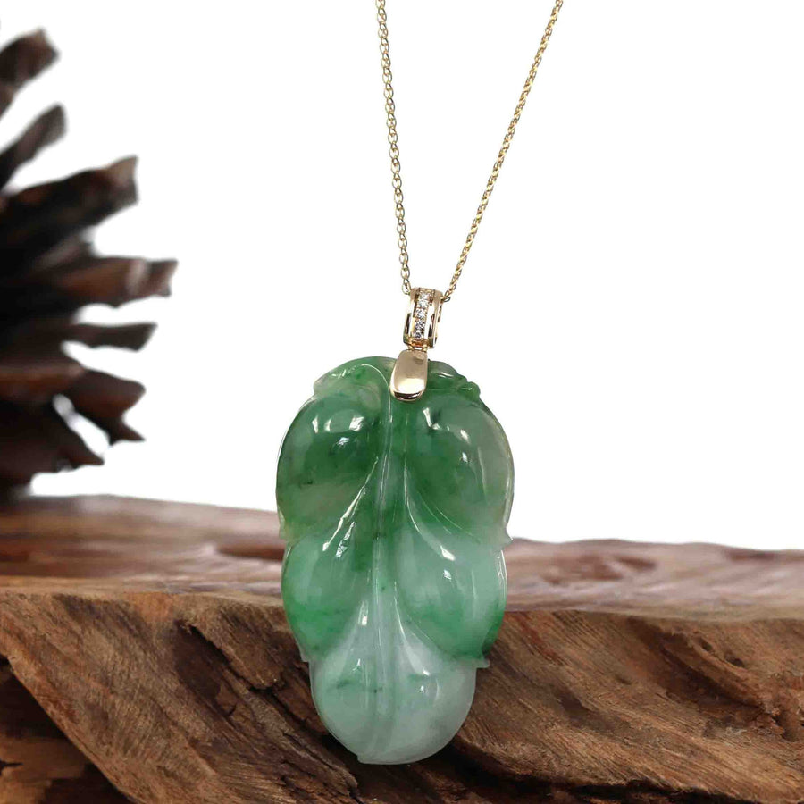 Baikalla Jewelry Jade Guanyin Pendant Necklace Genuine Green Jadeite Jade Leaf ( Jin Zhi Yu Ye ) Necklace With VSI Diamond Gold Bail