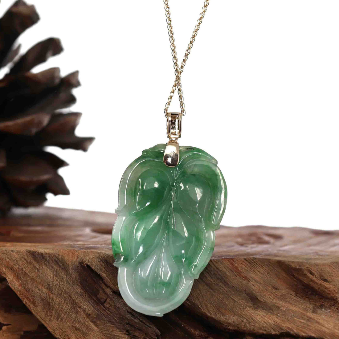 Baikalla Jewelry Jade Guanyin Pendant Necklace Genuine Green Jadeite Jade Leaf ( Jin Zhi Yu Ye ) Necklace With VSI Diamond Gold Bail