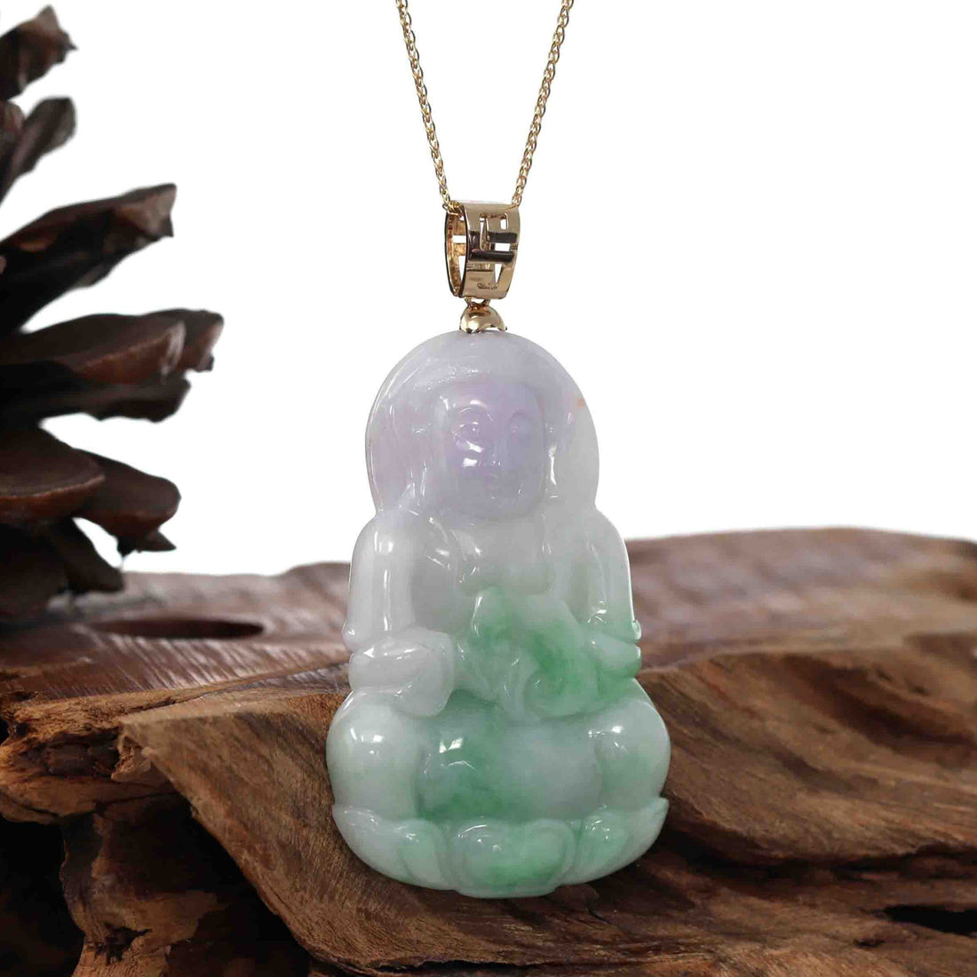 Baikalla Jewelry Jade Guanyin Pendant Necklace "Goddess of Compassion" 14k Yellow Gold Genuine Burmese Jadeite Jade Guanyin Necklace With Good Luck Design