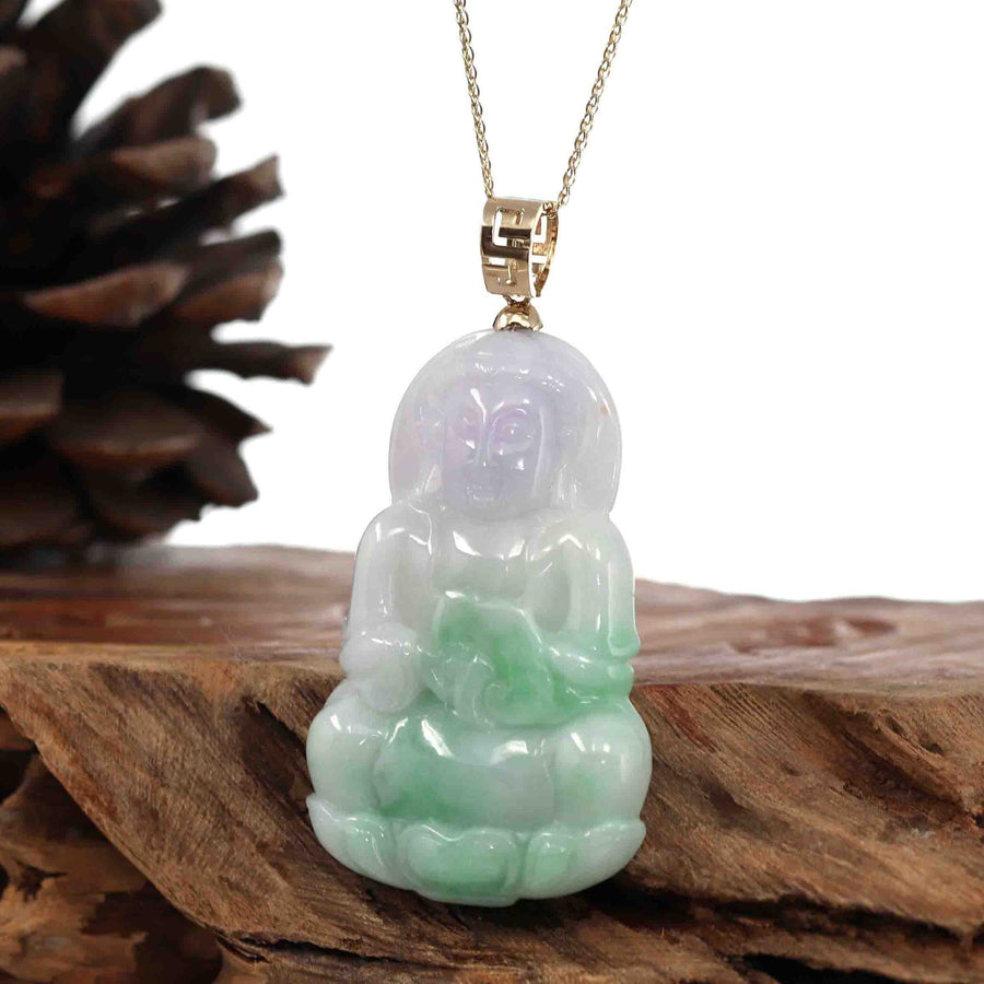 Baikalla Jewelry Jade Guanyin Pendant Necklace "Goddess of Compassion" 14k Yellow Gold Genuine Burmese Jadeite Jade Guanyin Necklace With Good Luck Design