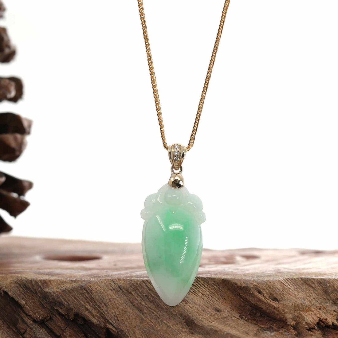 Baikalla Jewelry Jade Pendant Natural Jadeite "Longevity Peach" ShouTao Necklace With 14k Yellow Gold Diamond Bail
