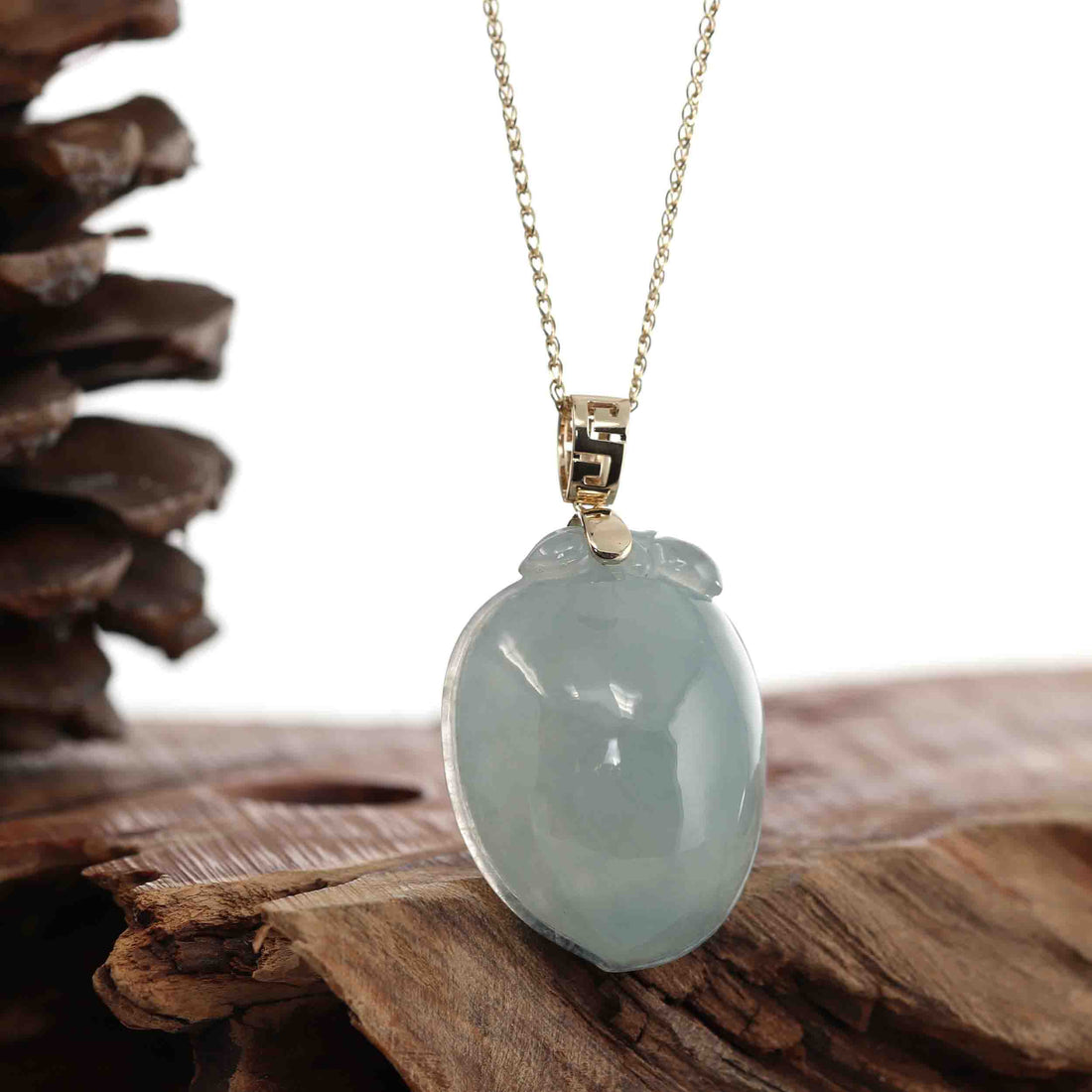 Baikalla Jewelry Jade Pendant Natural Icy Jadeite Jade Shou Tao ( longevity Peach ) Necklace With 14k Yellow Gold Bail