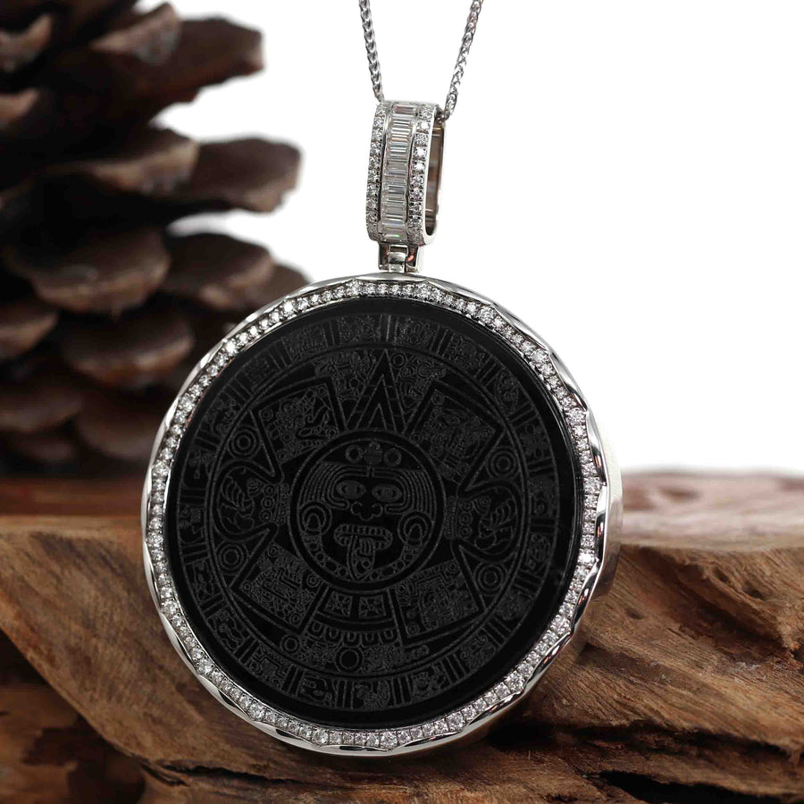 Baikalla Jewelry 24K Pure Yellow Gold Pendant Baikalla "Aztec Calendar" Genuine Black Nephrite Jade Pendant withVVS1 DEF Moissanite