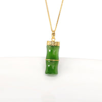 Baikalla Jewelry Gold Jade Necklace 24k Yellow Gold Genuine Nephrite Green Jade Bamboo Pendant Necklace