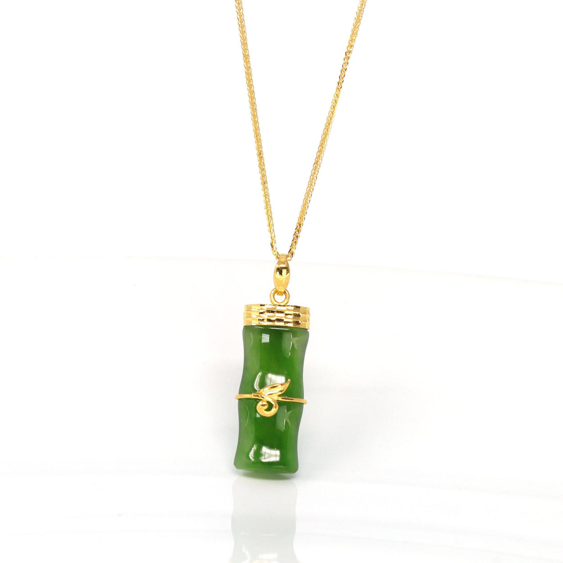 Baikalla Jewelry Gold Jade Necklace Pendant Only 24k Yellow Gold Genuine Nephrite Green Jade Bamboo Pendant Necklace
