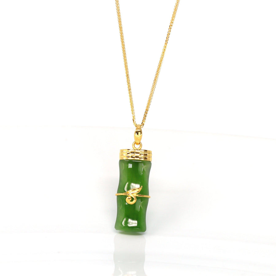 Baikalla Jewelry Gold Jade Necklace Pendant Only 24k Yellow Gold Genuine Nephrite Green Jade Bamboo Pendant Necklace