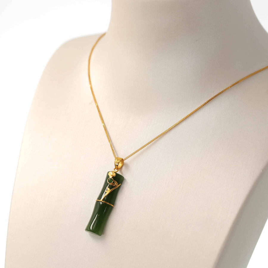 Baikalla Jewelry Gold Jade Necklace 24k Yellow Gold Genuine Nephrite Apple Green Jade Bamboo Pendant Necklace