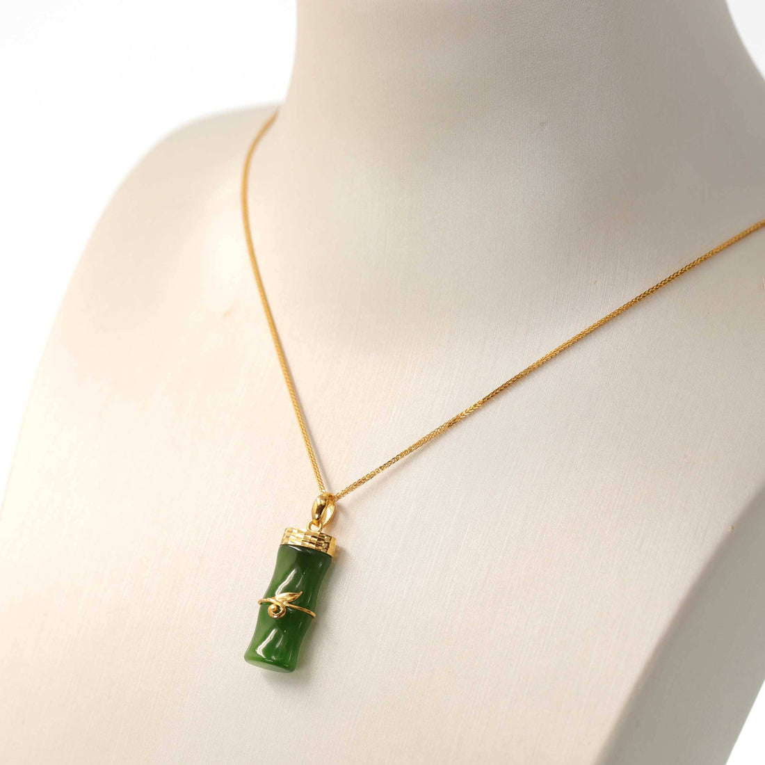 Baikalla Jewelry Gold Jade Necklace With 18K Solid Yellow Gold Chain 24k Yellow Gold Genuine Nephrite Green Jade Bamboo Pendant Necklace
