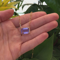 18k Yellow Gold AAA Royal Amethyst Emerald Cut Pendant Necklace With Diamonds