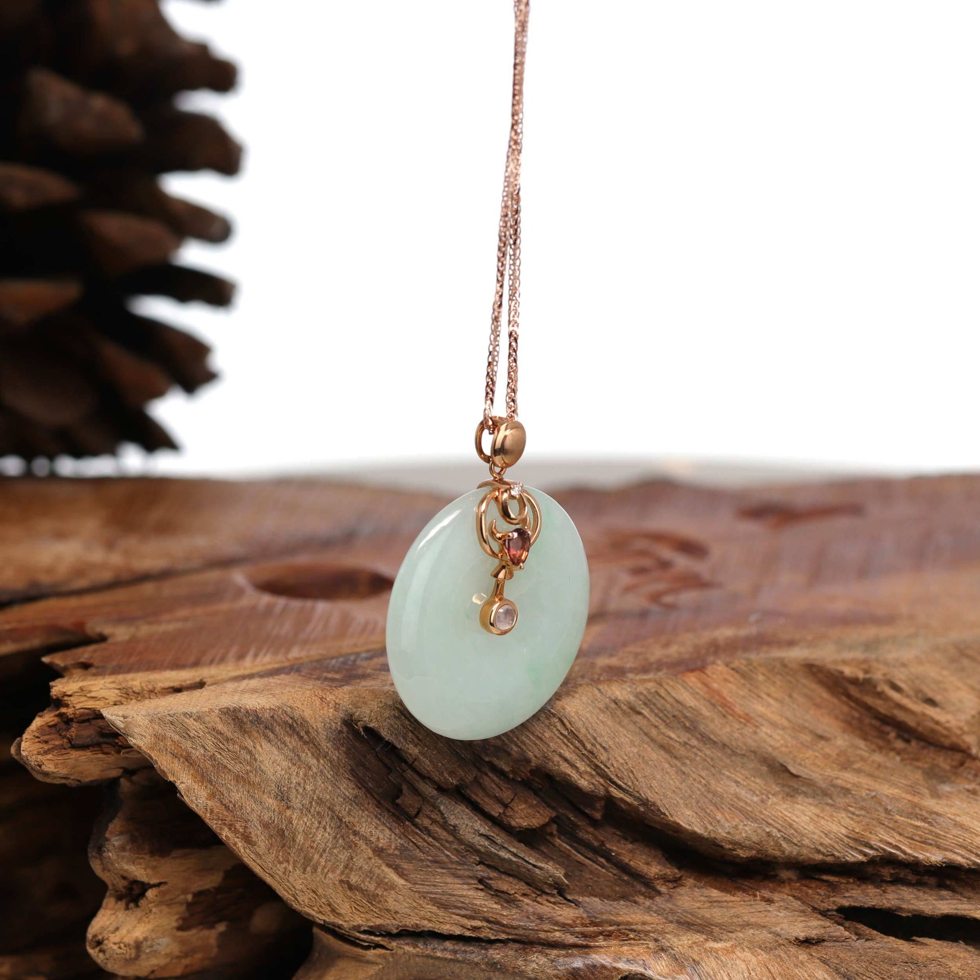 Baikalla Jewelry Gold Jadeite Pendant 18k Rose Gold Genuine Jadeite Constellation (Taurus) Necklace with Diamonds & Tourmaline