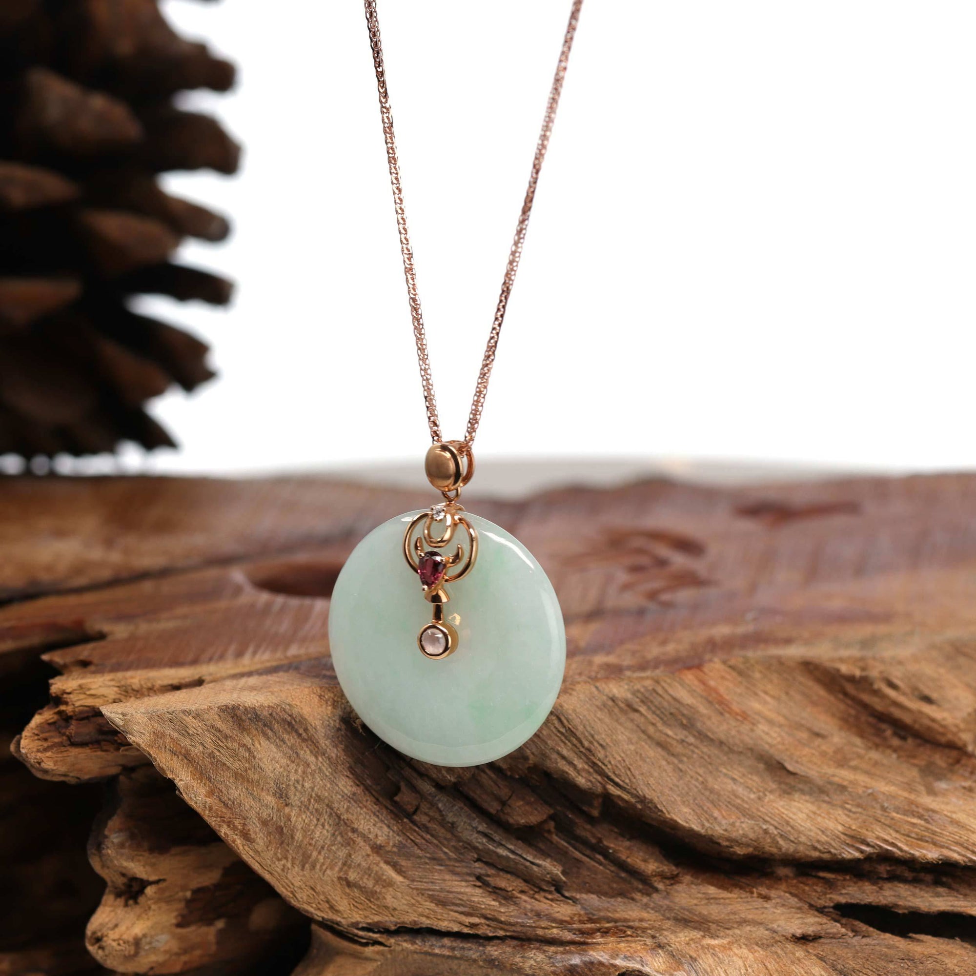 Baikalla Jewelry Gold Jadeite Pendant 18k Rose Gold Genuine Jadeite Constellation (Taurus) Necklace with Diamonds & Tourmaline