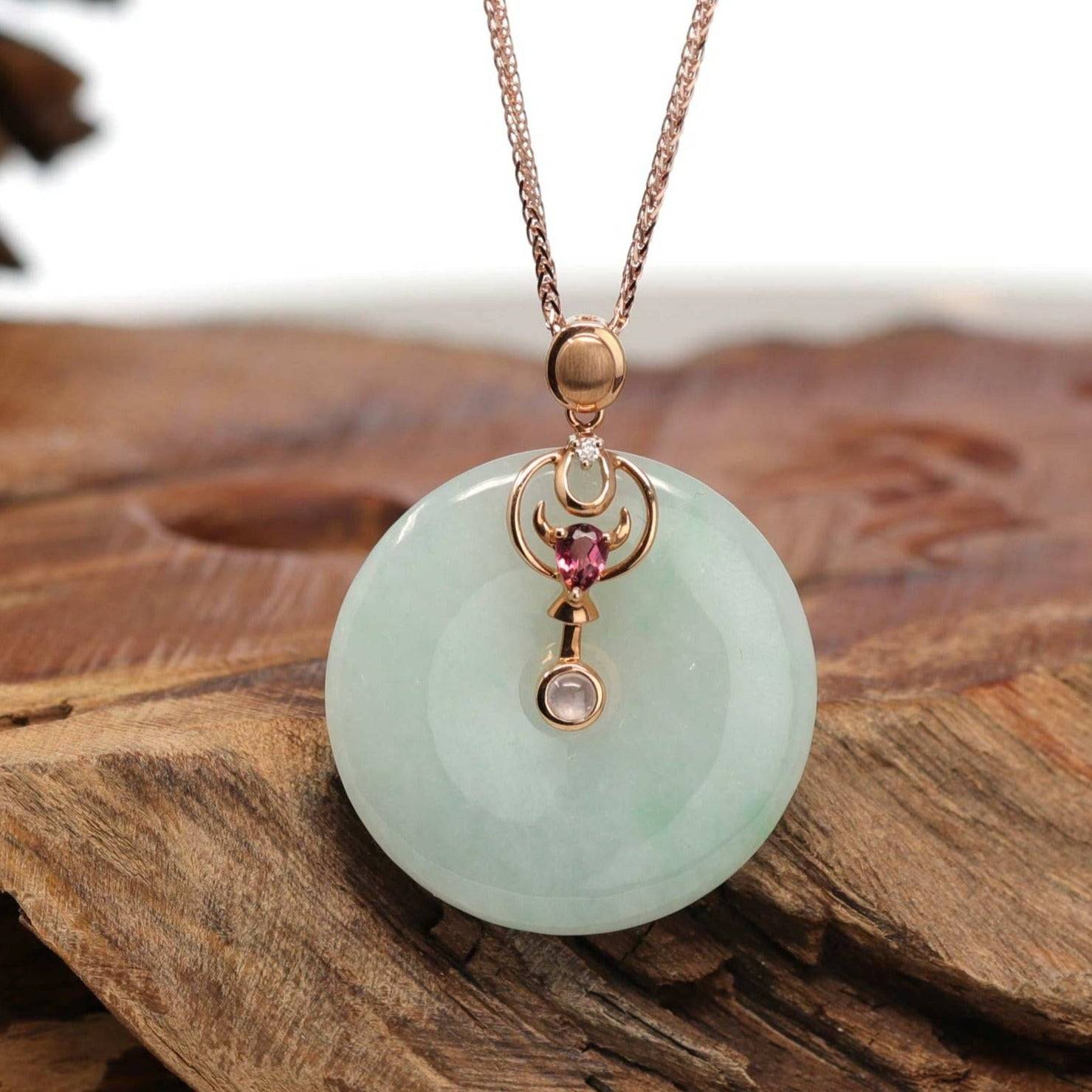 Baikalla Jewelry Gold Jadeite Pendant 18k Rose Gold Genuine Jadeite Constellation (Taurus) Necklace with Diamonds & Tourmaline