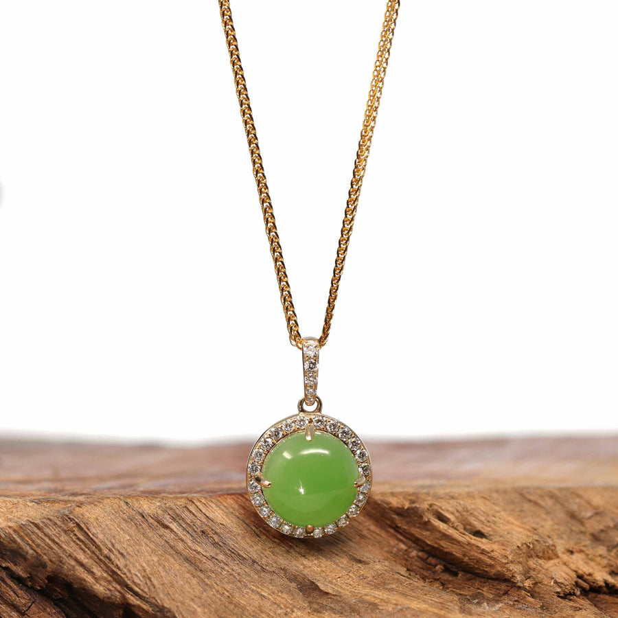 Baikalla Jewelry Gold Jade Pendant 14K Gold Genuine Green Apple Green Jade Circle Pendant Necklace With VS1 Diamond
