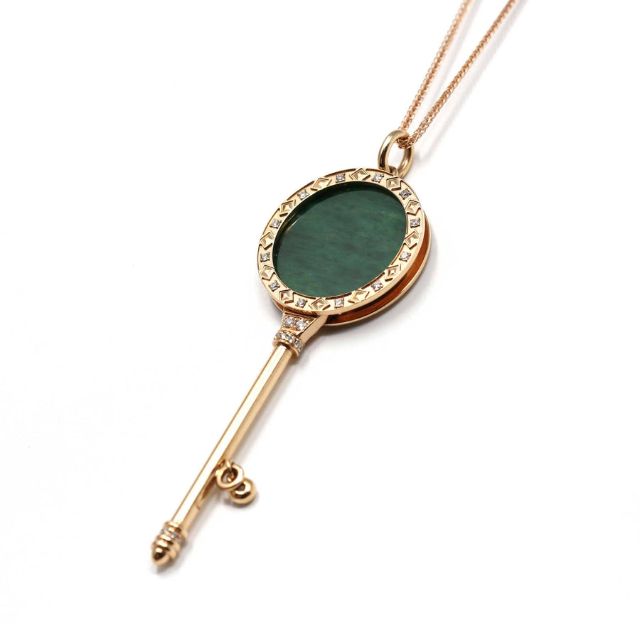 Baikalla Jewelry Gold Jadeite Necklace Baikalla™ "Lucky Key" 18k Rose Gold Jadeite Jade Key Pendant Necklace With Diamond