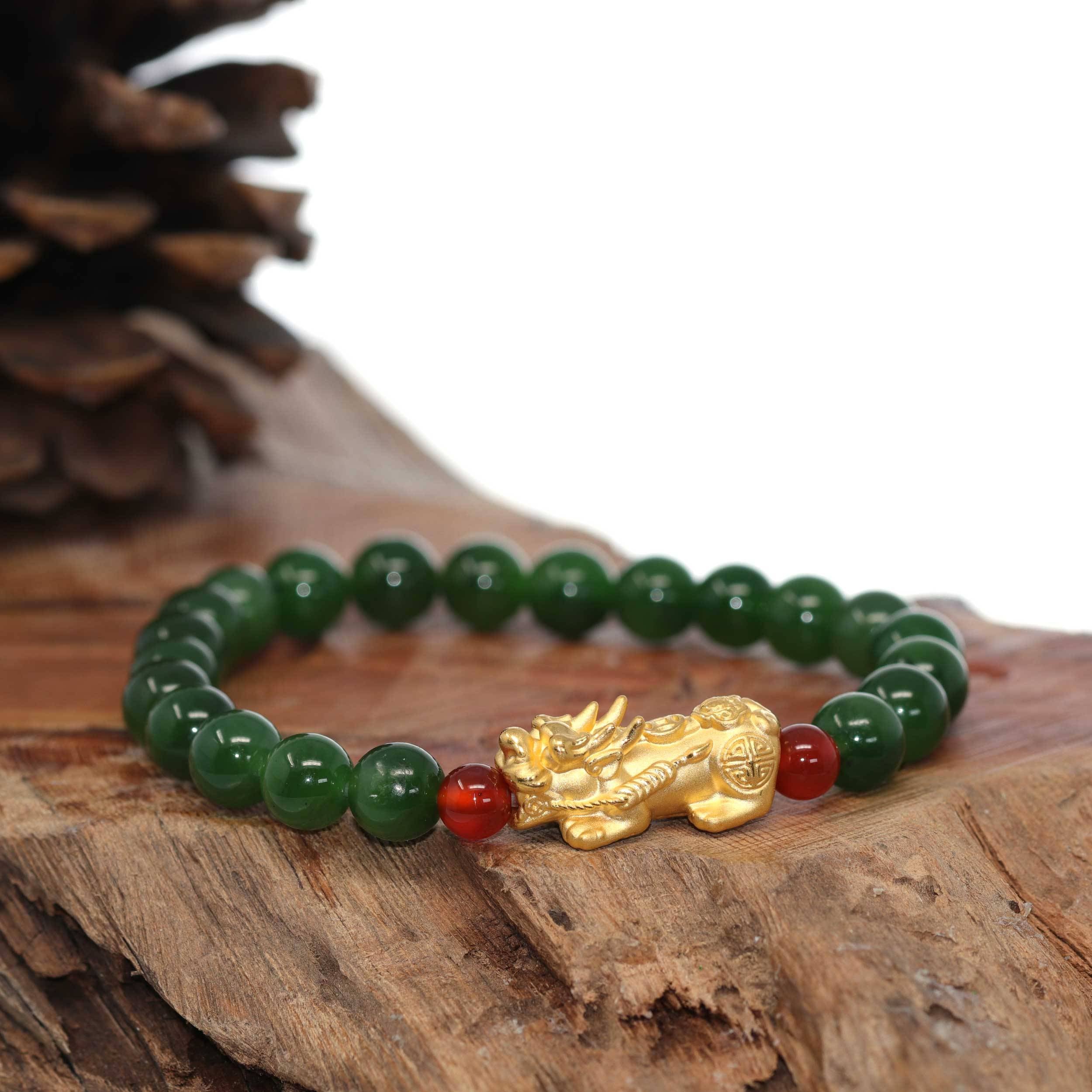 Real Green Jade Beads Bracelet Bangle | Real Jade & Yellow Gold