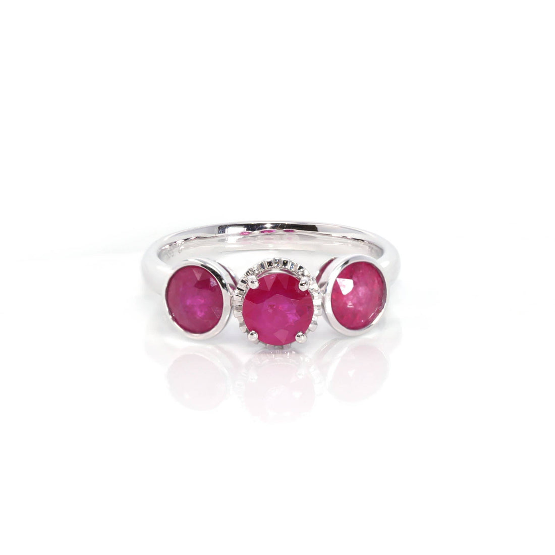 Baikalla Jewelry Gold Ruby Ring 18k White Gold Natural 3 Round Pink Ruby Diamond Anniversary Ring