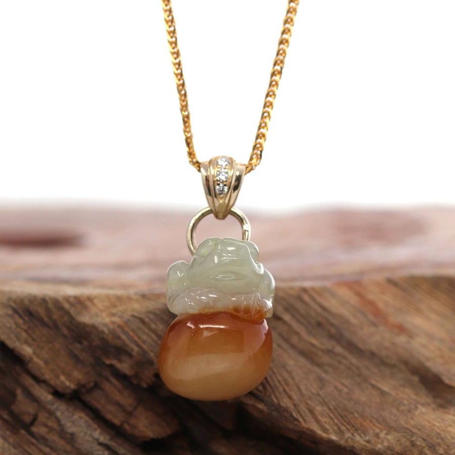 Baikalla Jewelry Jade Pendant Pendant Only 14k Yellow Natural Jadeite Jin Chan "Money Toad" Necklace With 14k Yellow Gold Diamond Bail