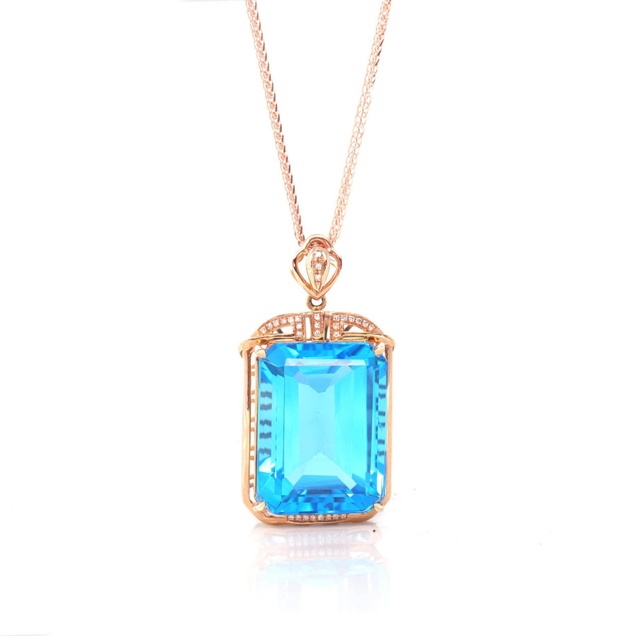 Baikalla Jewelry Gemstone Pendant Necklace Pendant Only 14k Rose Gold London Blue Topaz Faceted Emerald Cut Prong Set Necklace With Diamonds