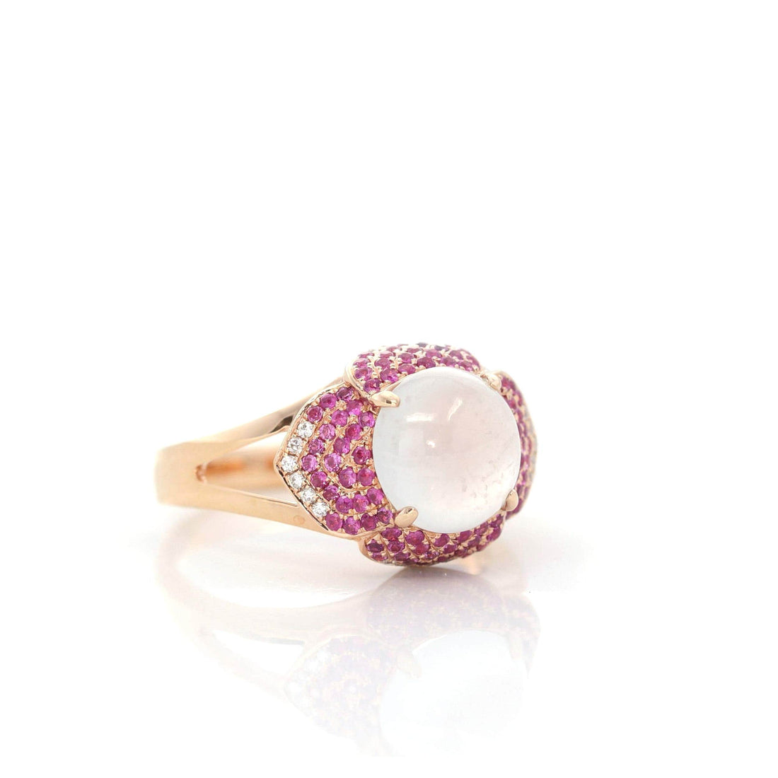 Baikalla Jewelry Jadeite Engagement Ring 18k Rose Gold Natural Ice Jadeite Engagement Ring With Diamonds and Ruby