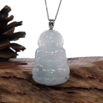 Baikalla Jewelry Jade Guanyin Pendant Necklace Baikalla "Goddess of Compassion" Genuine Burmese Ice Blue Jadeite Jade Guanyin Necklace With Good Luck Design 14K Gold  Bail