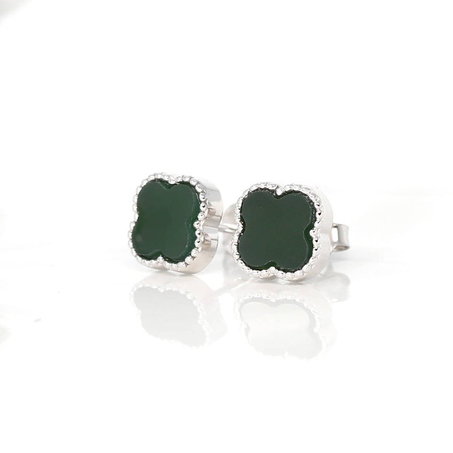 Baikalla Jewelry Silver Jade Pendant Necklace Earrings Baikalla™ Sterling Silver Real Green Nephrite Jade Lucky Four Leaf Clover Set
