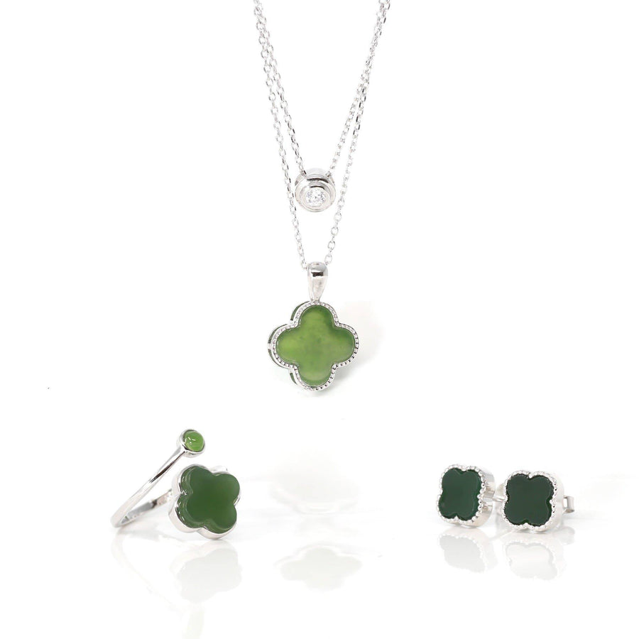 Baikalla Jewelry Silver Jade Pendant Necklace Set Baikalla™ Sterling Silver Real Green Nephrite Jade Lucky Four Leaf Clover Ring