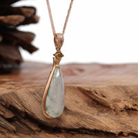 Baikalla Jewelry 18k Gold Jadeite Necklace 18K Rose Gold "Tear-Drop" Ice Jadeite Jade Cabochon Necklace with Diamonds