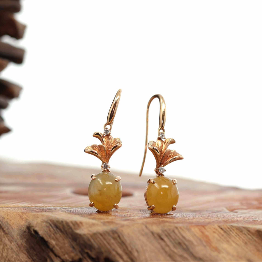 Baikalla Jewelry Gold Jade Earrings 18K Rose Gold "Apricot Blossom" Yellow Jadeite Jade Dangle Earrings