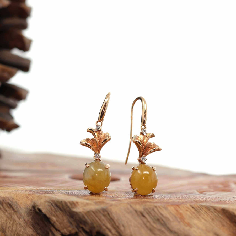 Baikalla Jewelry Gold Jade Earrings 18K Rose Gold "Apricot Blossom" Yellow Jadeite Jade Dangle Earrings