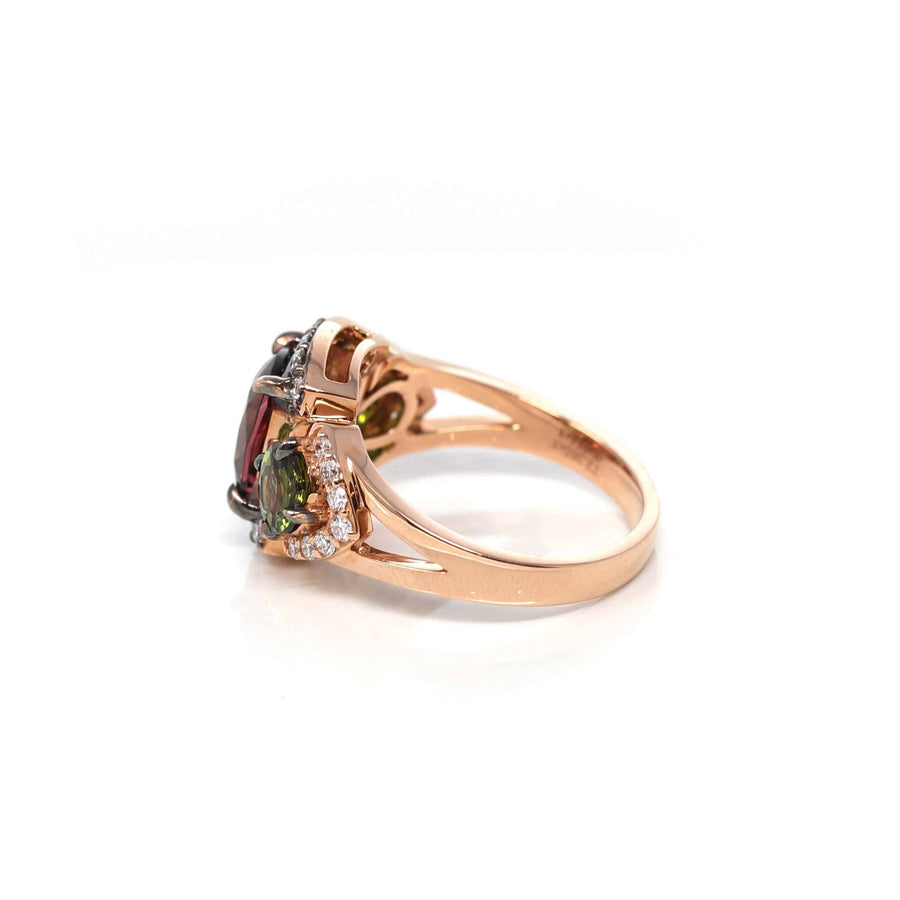 Baikalla Jewelry 14K Gold Tourmaline Ring 18K Rose Gold 3 Stone Natural AAA Tourmaline Ring with VS1 Diamonds