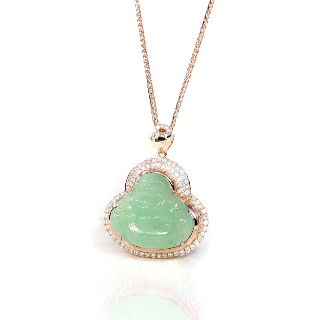 Baikalla Jewelry Gold Jade Buddha Baikalla "Laughing Buddha" 18k Gold Genuine Apple Green Jadeite Jade with VS1 Diamonds