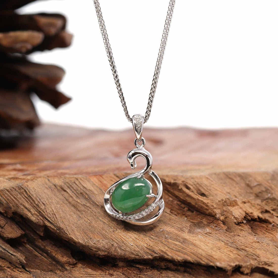 Baikalla Jewelry 18k Gold Jadeite Necklace Pendant Only 18K White Gold "Swan" Imperial Jadeite Jade Cabochon Necklace with Diamonds