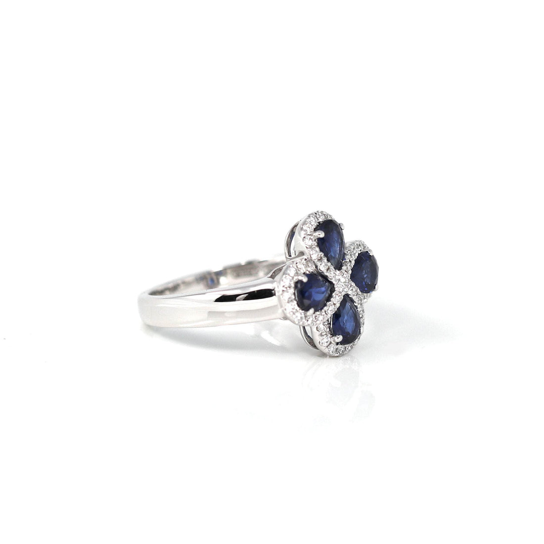 Baikalla Jewelry Gold Sapphire Ring 18k White Gold Natural Four Tear Drop Blue Sapphire Ring with Diamonds