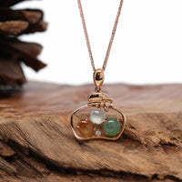 Baikalla Jewelry 18k Gold Jadeite Necklace Pendant Only 18K Rose Gold "Lucky Goodie Bottle" Multi-Color Jadeite Jade Cabochon Necklace with Diamonds