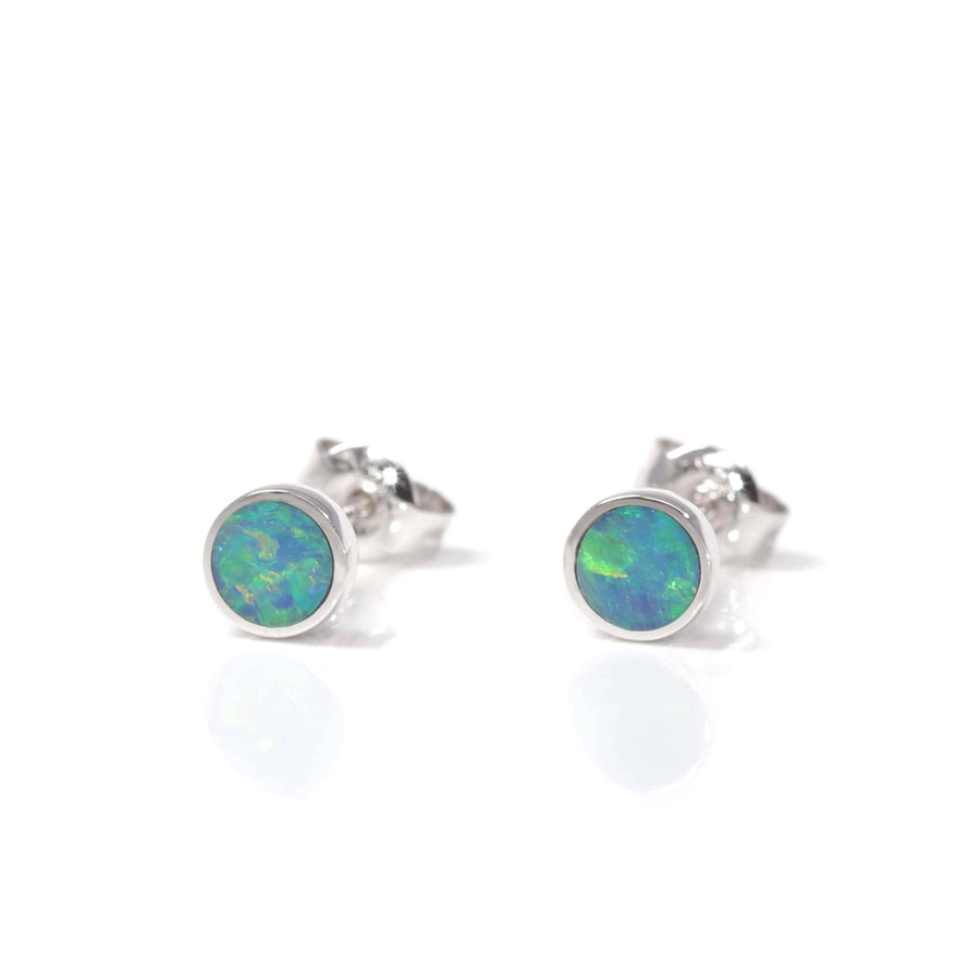 Baikalla Jewelry Gold Gemstone Earrings 14k White Gold Baikalla™ 14k Natural Round Australian Blue Opal Bezel Set Earrings