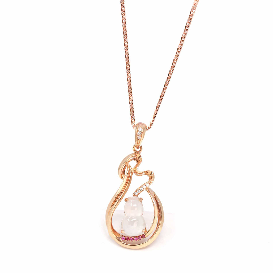 Baikalla Jewelry Gold Jadeite Necklace W/ 18k Rose Gold matching Chain Baikalla™ "Lucky Gourd" 18k Rose Gold Ice Jadeite Jade Diamond Pendant Necklace