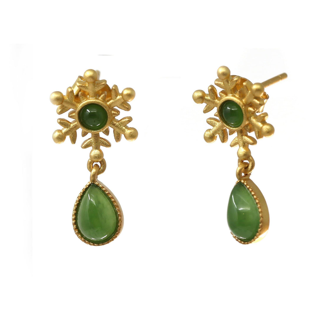Baikalla Jewelry Silver Jade Earrings Baikalla™ " Snow Flake" Sterling Silver Genuine Green Jade Snow Dangle Earrings
