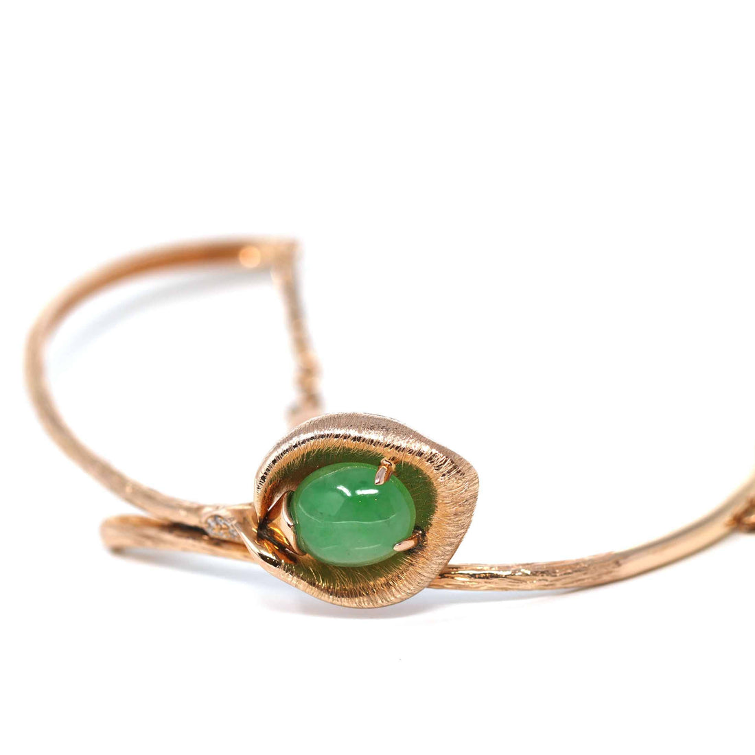 Baikalla Jewelry Gold Jade Bracelet 18k Rose Gold "Morning Glory" Half Bracelet Bangle with Green Imperial Jade & Diamonds
