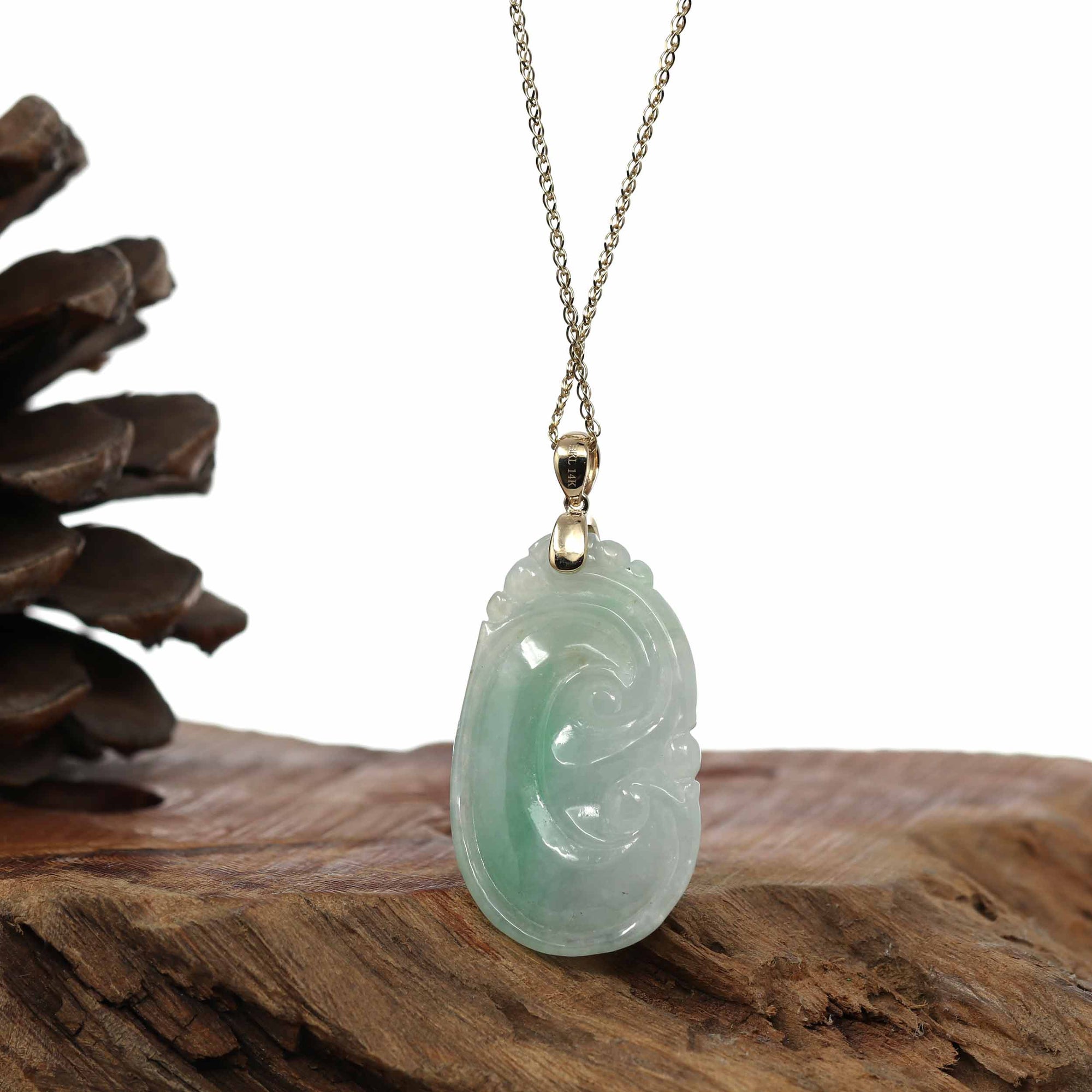 Baikalla Jewelry Jade Guanyin Pendant Necklace Genuine Green Jadeite Jade RuYi ( Wang Shi Ru Yi ) Pendant Necklace With 14K Yellow Gold Bail