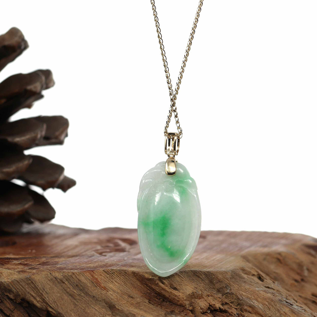 Baikalla Jewelry Jade Pendant Natural Green Jadeite Jade Shou Tao (Longevity Peach) Necklace With 14k Yellow Gold Diamond Bail